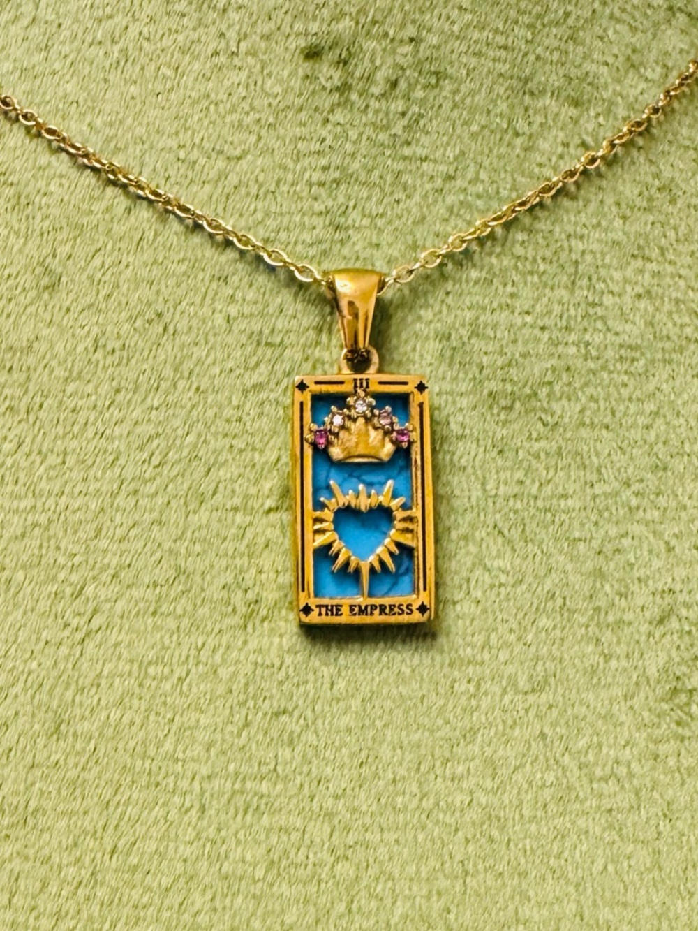 Gold-Plated Blue Enamel Heart & Crown Pendant Necklace